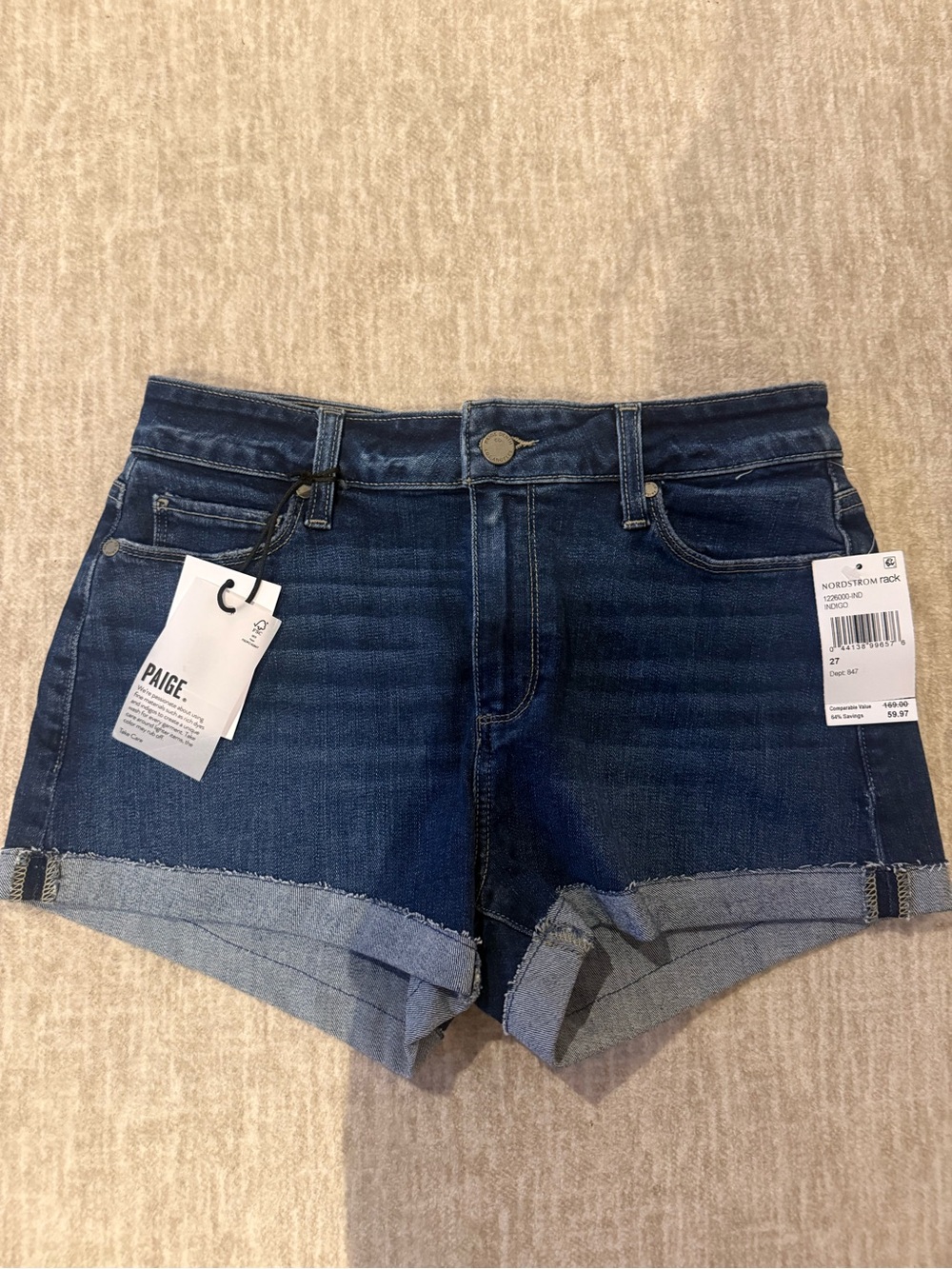 PAIGE Dark Blue Rolled-Hem Denim Shorts - Picture 3 of 7